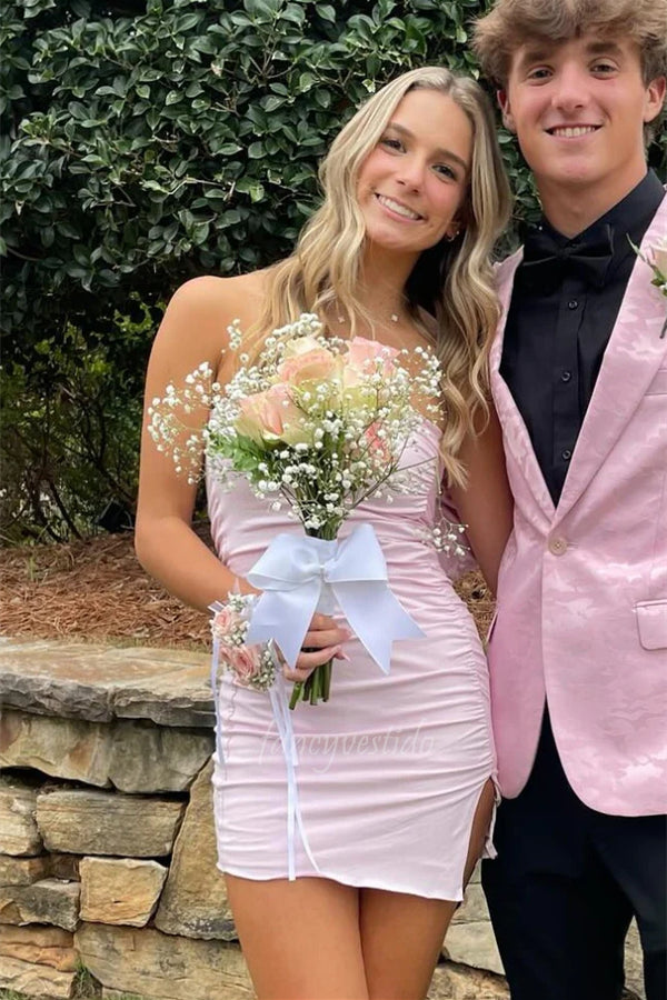 Strapless Pink Ruched Mini Party Dress