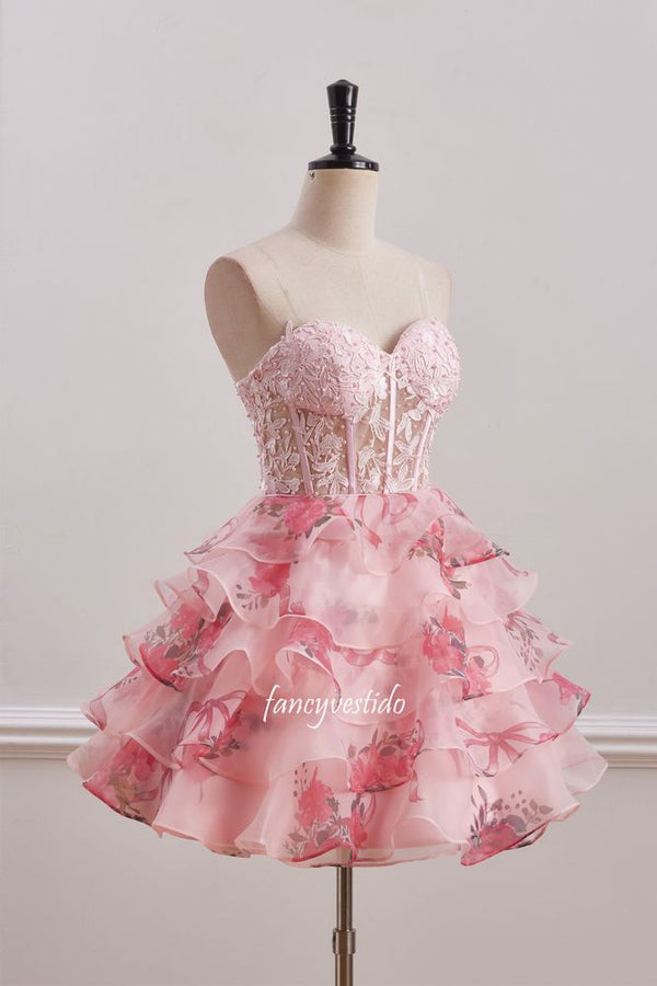 Sweetheart Beading Floral Print A-Line Homecoming Dress