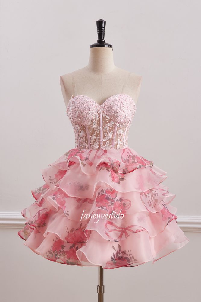Sweetheart Beading Floral Print A-Line Homecoming Dress