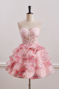 Sweetheart Beading Floral Print A-Line Homecoming Dress