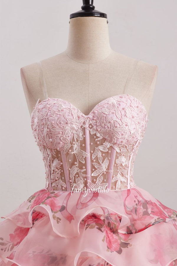 Sweetheart Beading Floral Print A-Line Homecoming Dress