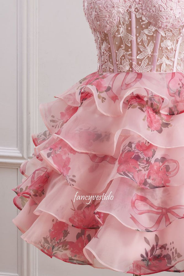 Sweetheart Beading Floral Print A-Line Homecoming Dress