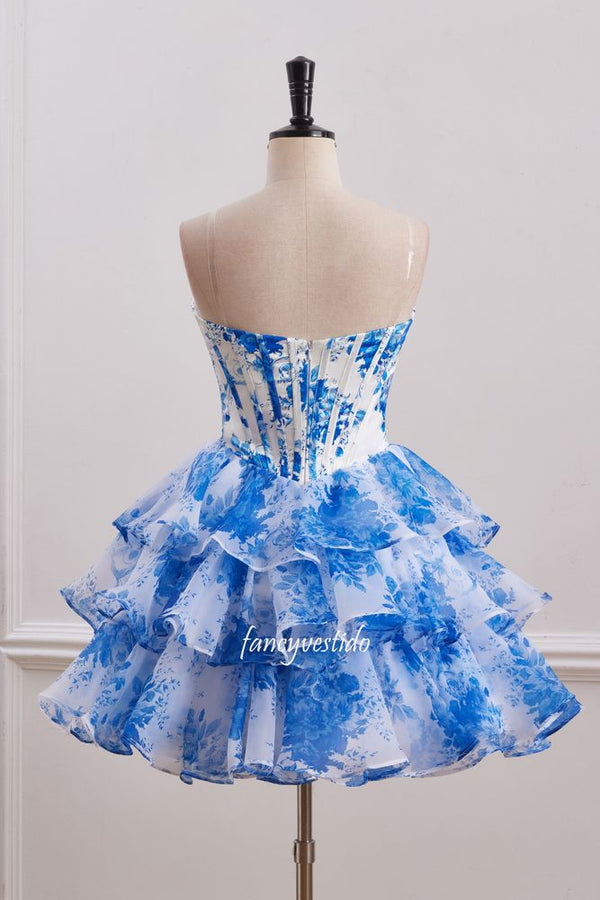 Strapless Blue Floral Print Boned Ruffle Homecoming Dress