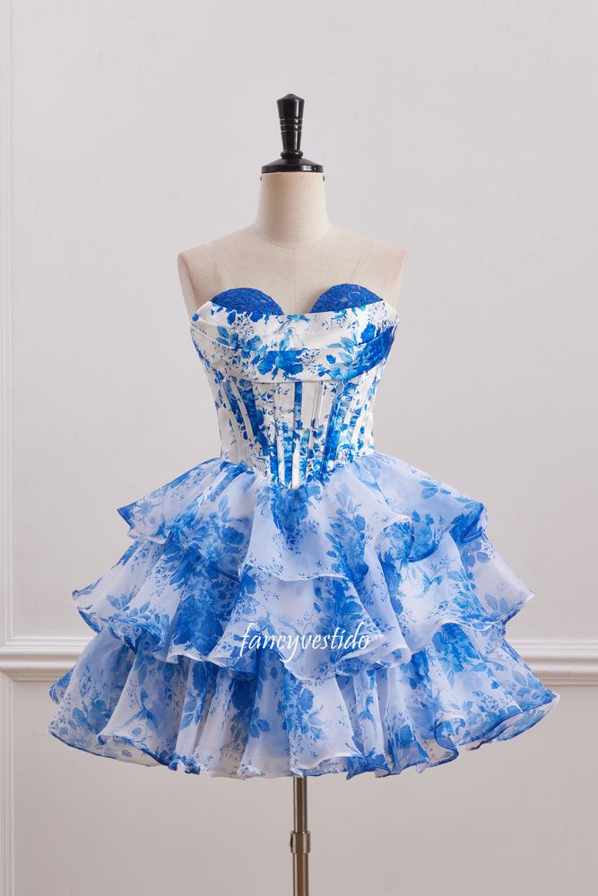 Strapless Blue Floral Print Boned Ruffle Homecoming Dress