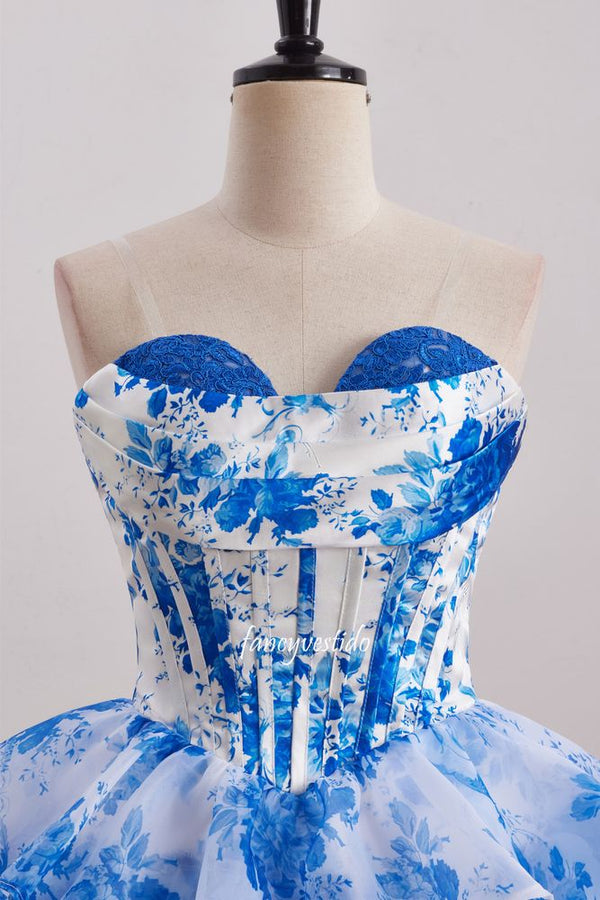 Strapless Blue Floral Print Boned Ruffle Homecoming Dress