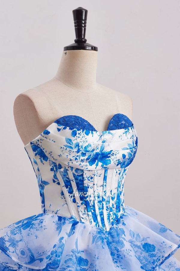 Strapless Blue Floral Print Boned Ruffle Homecoming Dress