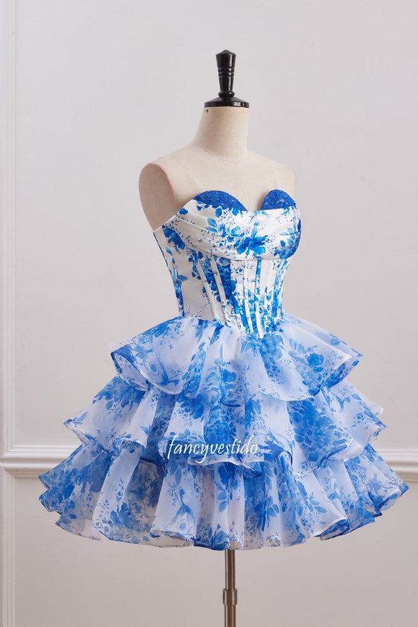 Strapless Blue Floral Print Boned Ruffle Homecoming Dress