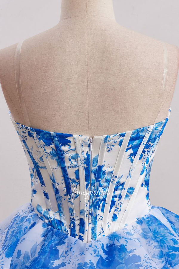 Strapless Blue Floral Print Boned Ruffle Homecoming Dress