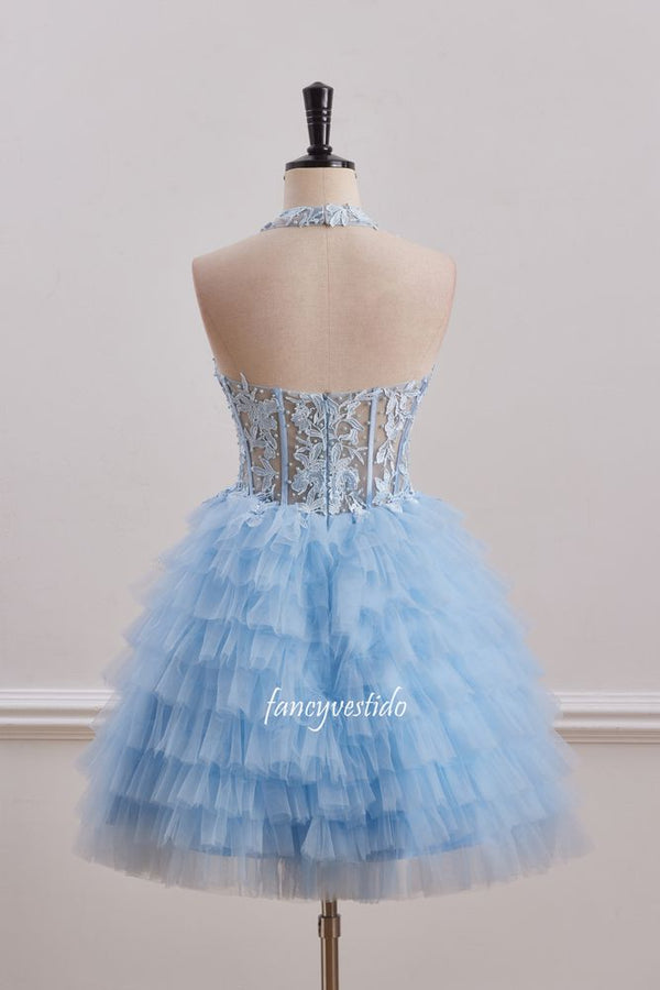 Halter Pluning Neck Applique Tiered Homecoming Dress