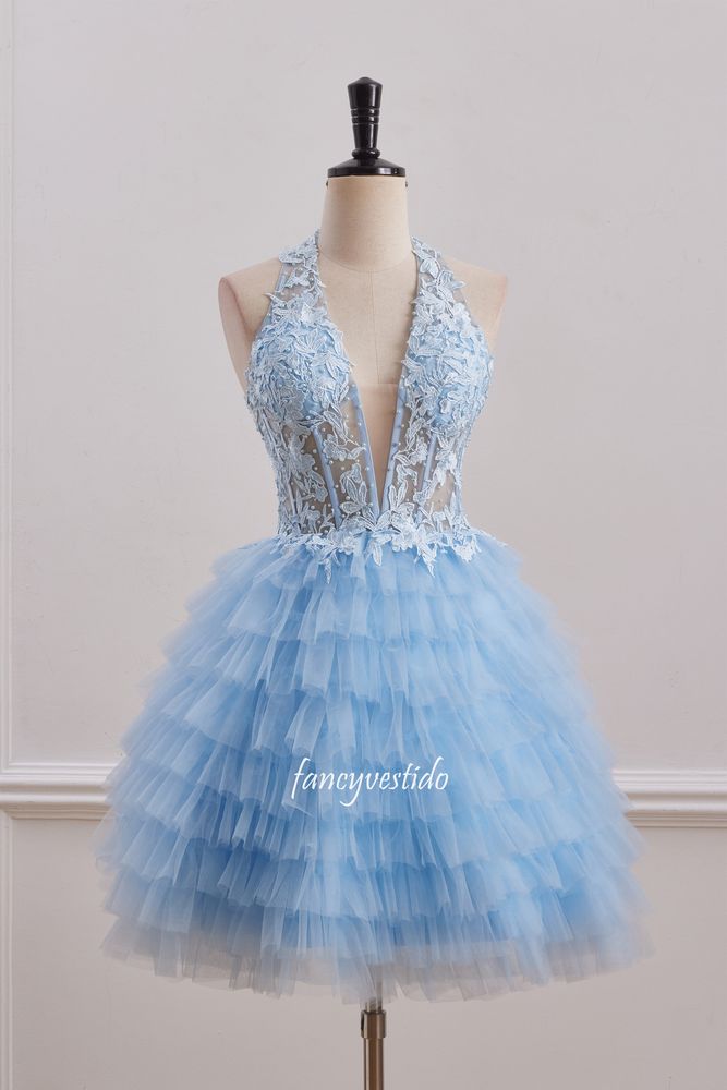 Halter Pluning Neck Applique Tiered Homecoming Dress