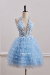 Halter Pluning Neck Applique Tiered Homecoming Dress