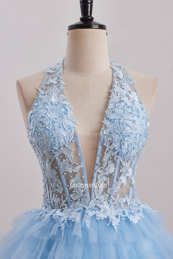 Halter Pluning Neck Applique Tiered Homecoming Dress