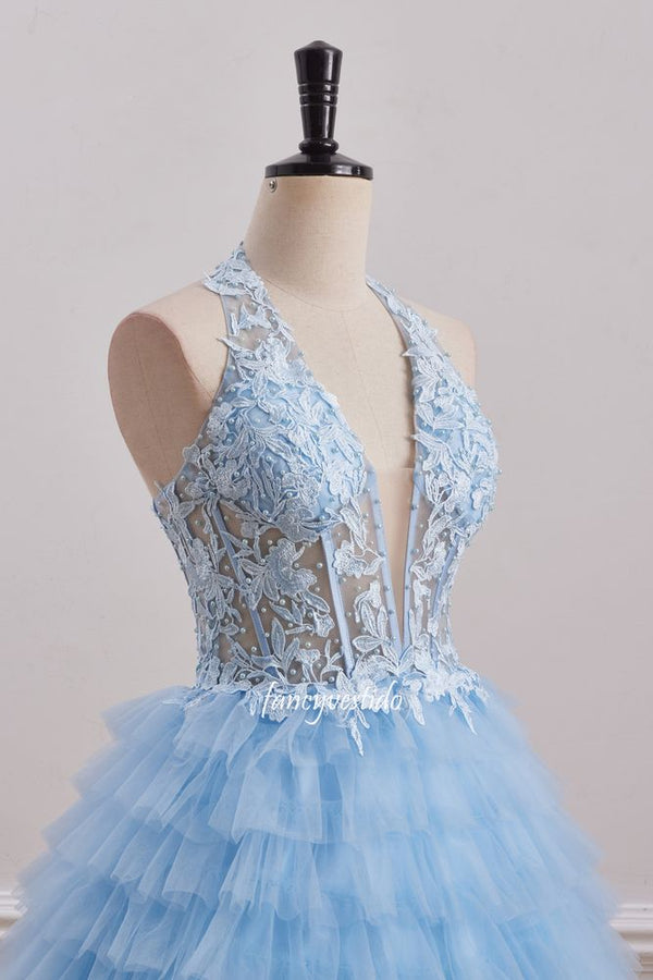 Halter Pluning Neck Applique Tiered Homecoming Dress