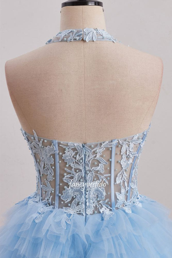 Halter Pluning Neck Applique Tiered Homecoming Dress
