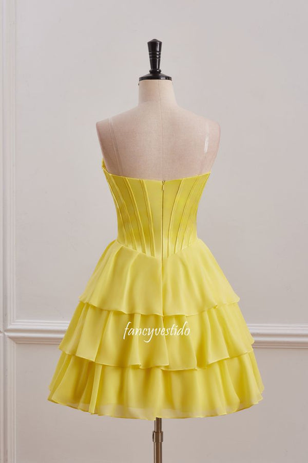 Yellow Sweetheart Applique Ruffle A-Line Homecoming Dress