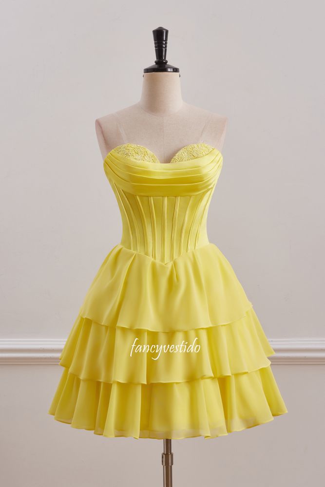 Yellow Sweetheart Applique Ruffle A-Line Homecoming Dress