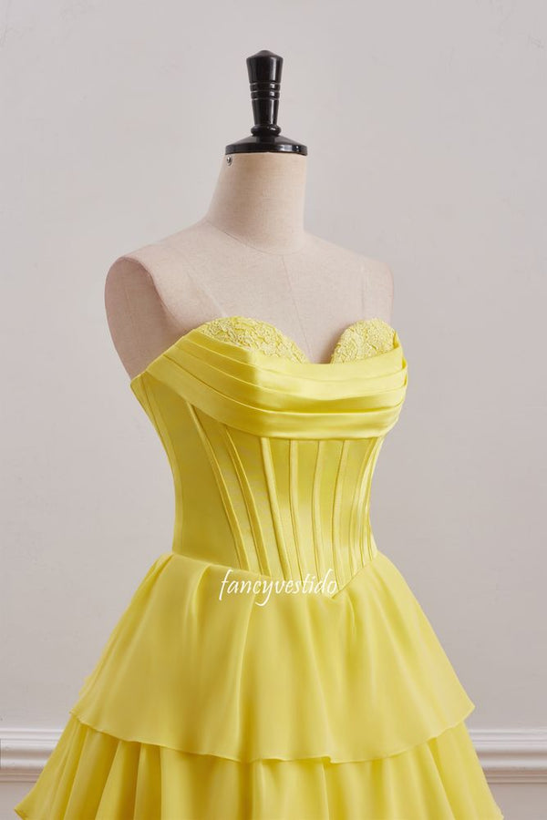 Yellow Sweetheart Applique Ruffle A-Line Homecoming Dress