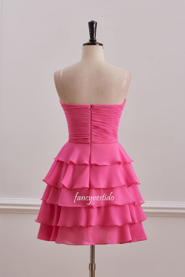 Sweetheart Hot Pink Ruffle Chiffon Homecoming Dress with Bow