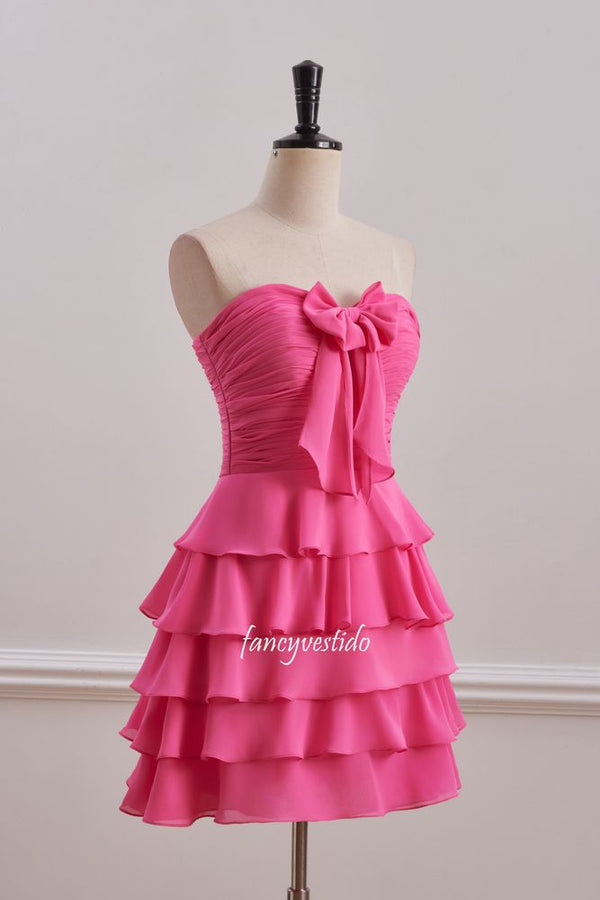 Sweetheart Hot Pink Ruffle Chiffon Homecoming Dress with Bow