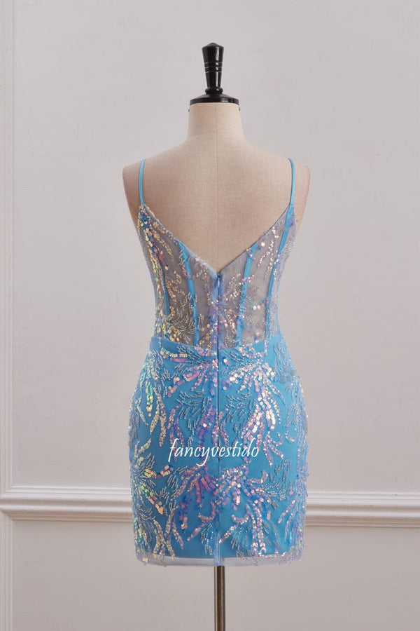 Straps Blue Sequin Applique Fitted Homecoming Dress