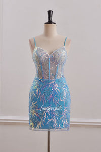 Straps Blue Sequin Applique Fitted Homecoming Dress