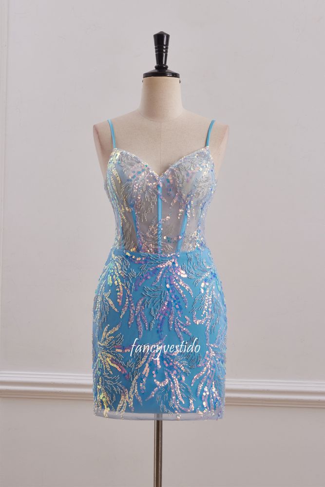 Straps Blue Sequin Applique Fitted Homecoming Dress