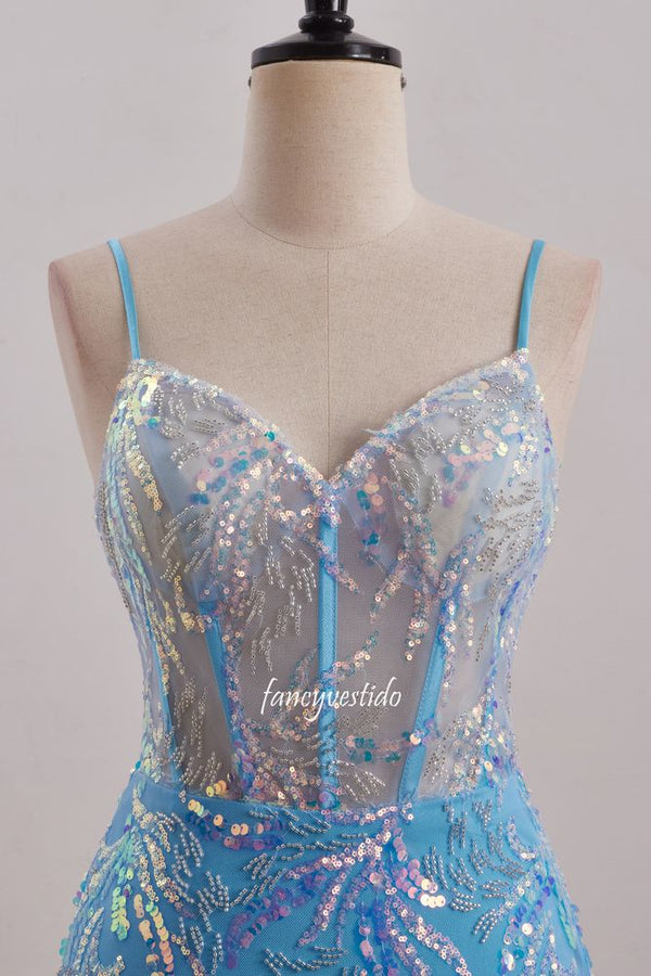 Straps Blue Sequin Applique Fitted Homecoming Dress