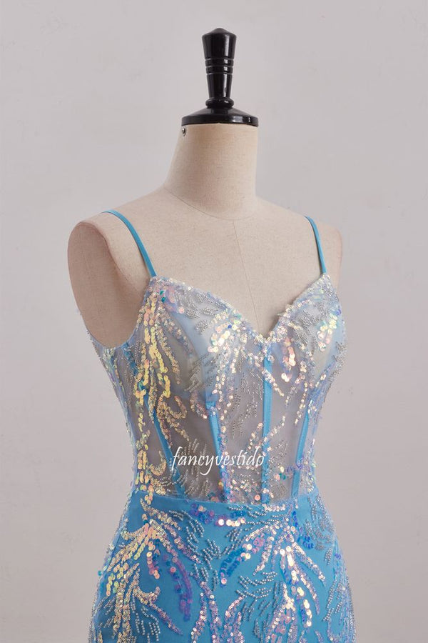 Straps Blue Sequin Applique Fitted Homecoming Dress