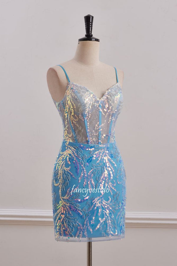 Straps Blue Sequin Applique Fitted Homecoming Dress