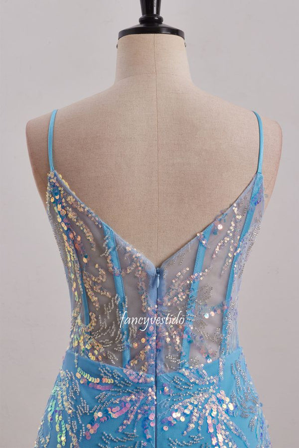 Straps Blue Sequin Applique Fitted Homecoming Dress