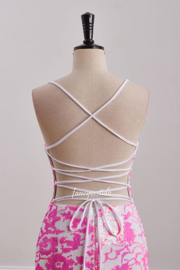 V-Neck Sequin Tight Homecoming Dress with Lace-up Back