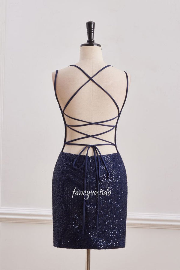 Double Straps V-Neck Sequin Tight Homecoming Dress
