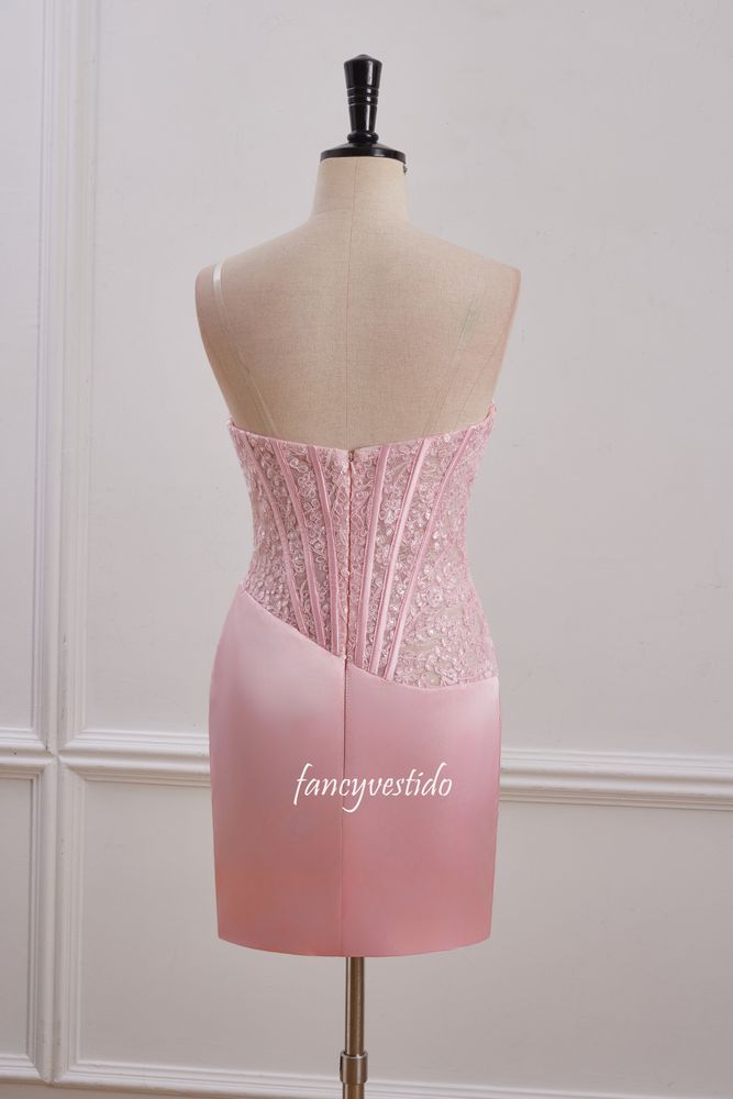 Strapless Pink Pleated Applique Tight Homecoming Dress