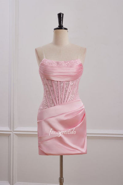 Strapless Pink Pleated Applique Tight Homecoming Dress