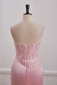 Strapless Pink Pleated Applique Tight Homecoming Dress