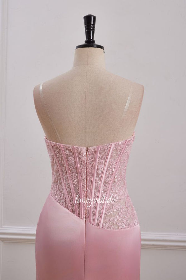 Strapless Pink Pleated Applique Tight Homecoming Dress