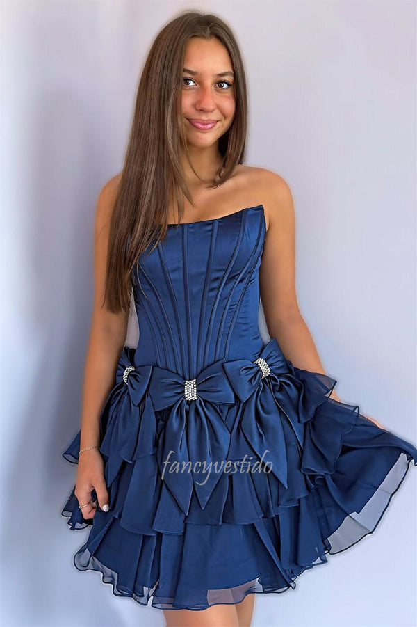 Strapless Sleeveless A-Line Homecoming Dress with Bow