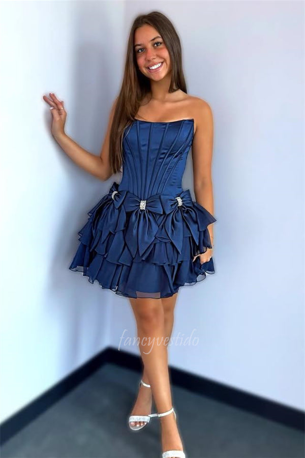 Strapless Sleeveless A-Line Homecoming Dress with Bow