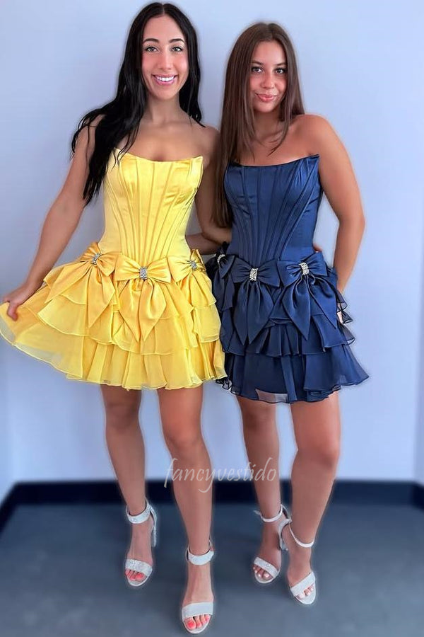 Strapless Sleeveless A-Line Homecoming Dress with Bow