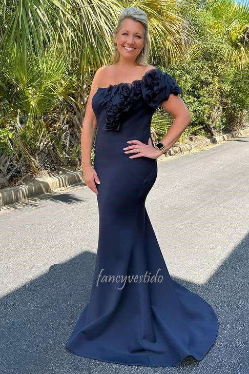 Floral One Shoulder Navy Blue Mermaid Mother of the Bride Dress