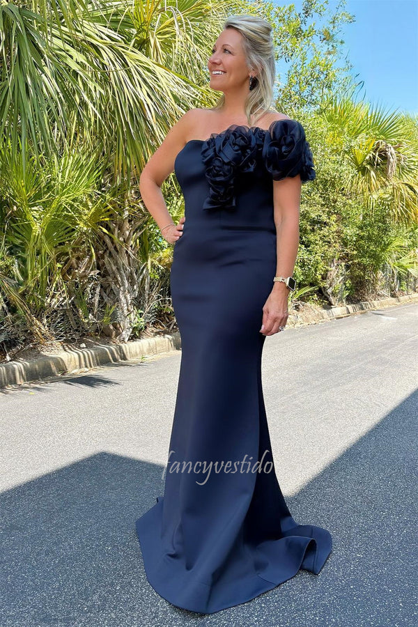Floral One Shoulder Navy Blue Mermaid Mother of the Bride Dress