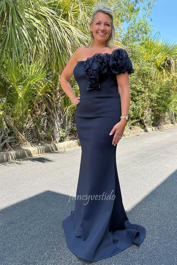 Floral One Shoulder Navy Blue Mermaid Mother of the Bride Dress