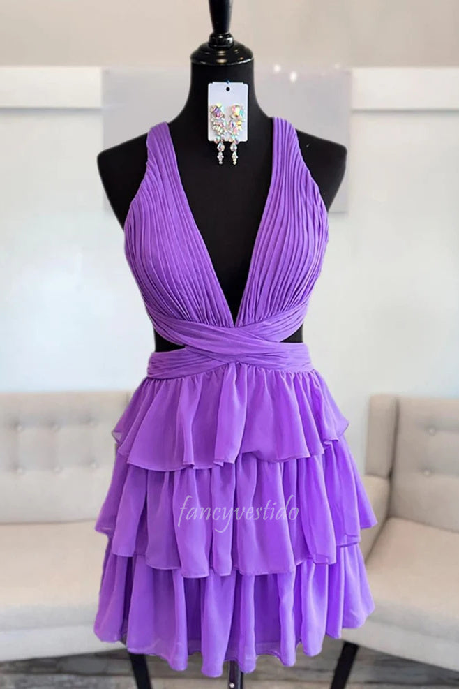 Pluning V-Neck Pleated Cutout Ruffle Homecoming Dress