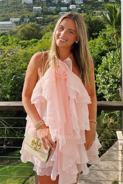 Halter Chiffon Ruffle A-Line Party Homecoming Dress