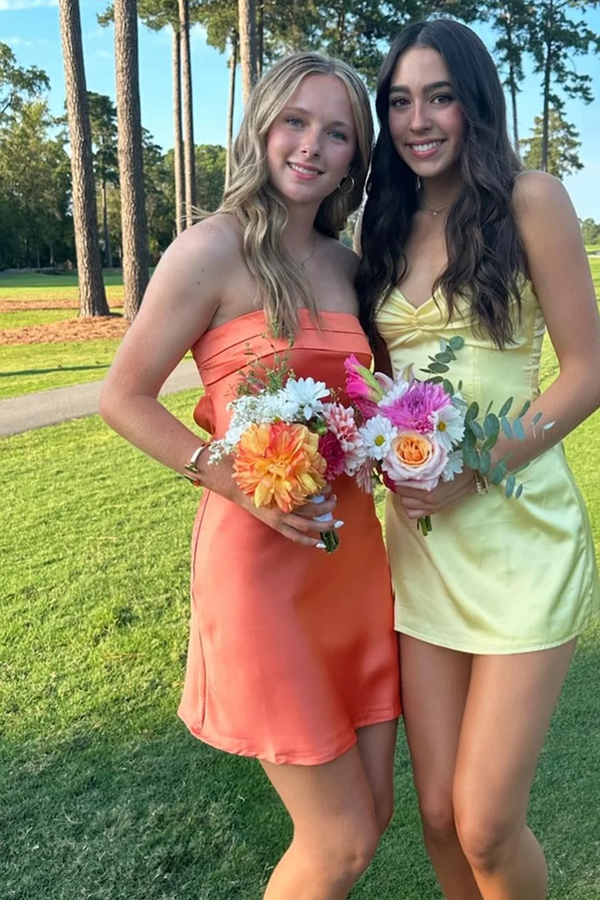 Strapless Orange Ruched Sheath Short Homecoming Dress