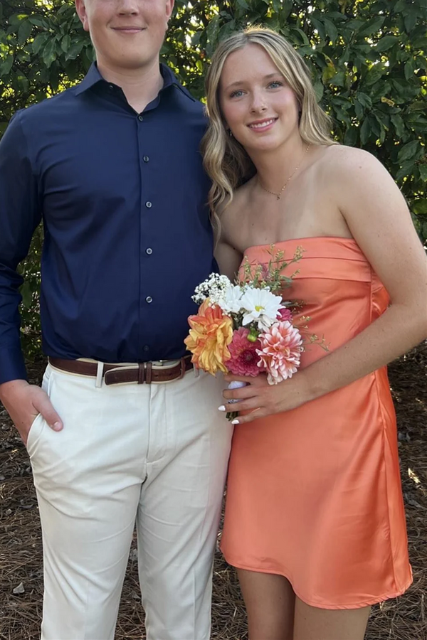 Strapless Orange Ruched Sheath Short Homecoming Dress