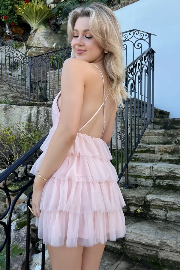Pluning Neck Ruffle A-Line Homecoming Dress wth Lace-up