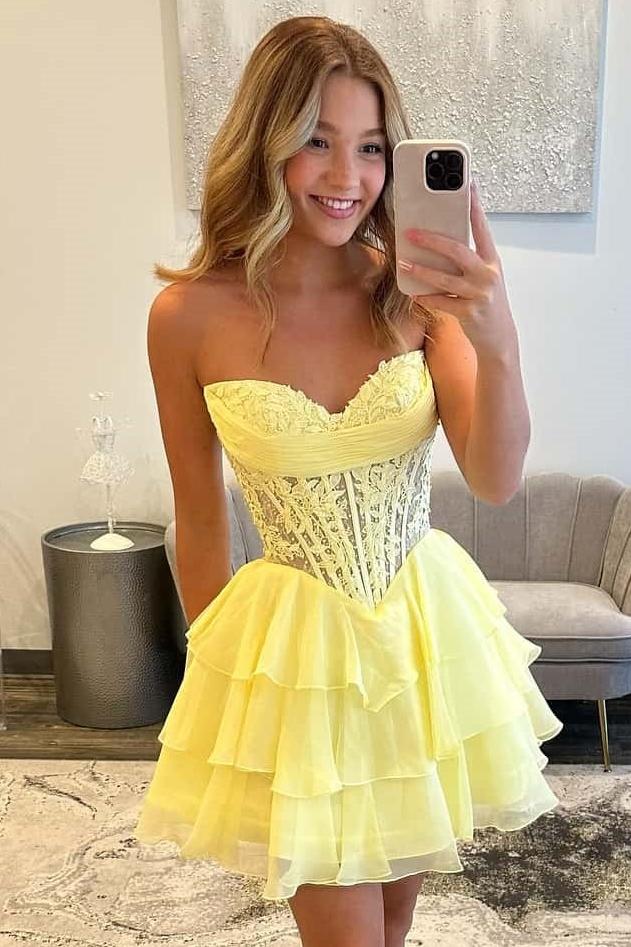 Sweetheart Yellow Applique Boned Ruffle Chiffon Homecoming Dress