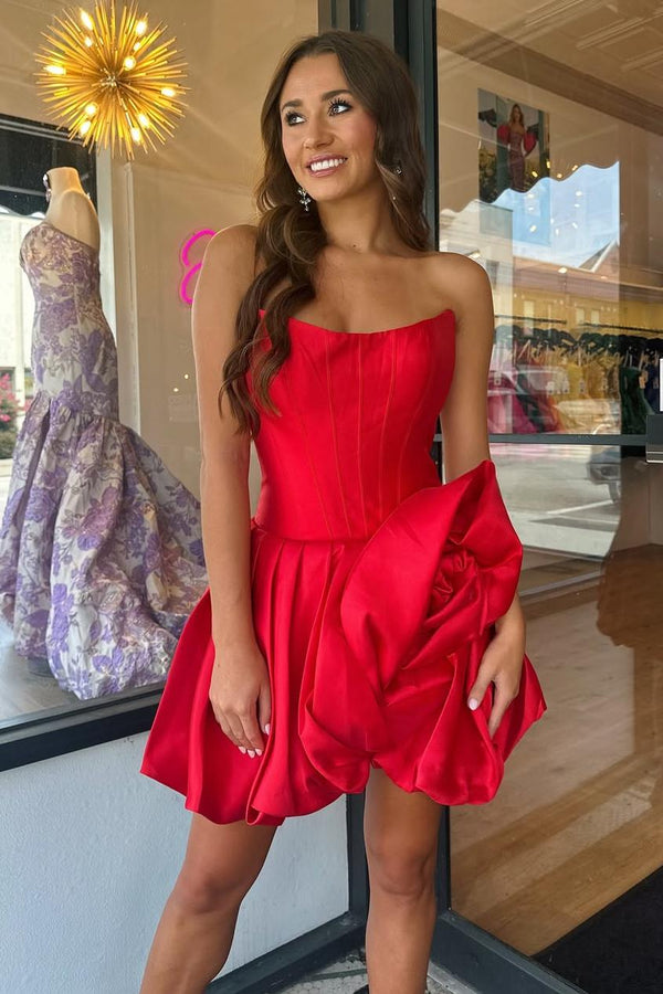 Strapless Red A-Line Homecoming Dress with Floral