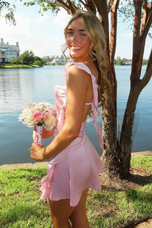Ruffle Straps Pink A-Line Homecoming Dress with Open Back